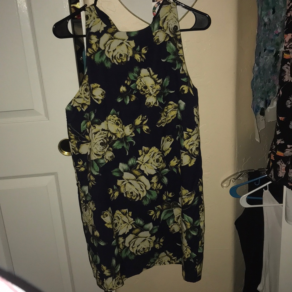 Shift Dress- Navy with yellow floral print